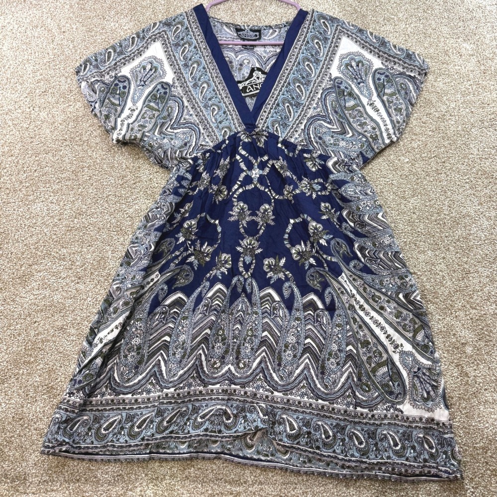 Angie Womens Navy Blue Paisley V-Neck Empire Waist Mini Dress Large Boho NEW